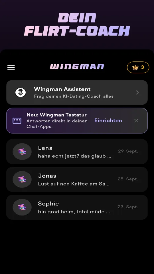 Wingman-Startbildschirm mit letzten Chats und einer Schaltfläche zum Hochladen eines Screenshots