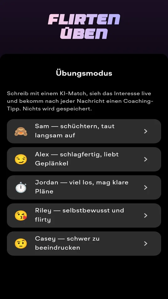 Übungsmodus mit KI-Matches zum Chatten