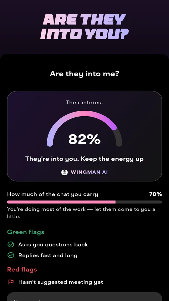 Chat analysis showing an interest score, green and red flags and a next move