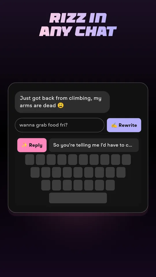 The Wingman keyboard suggesting a reply inside a chat app