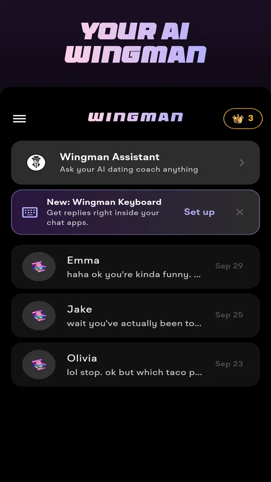 Wingman home screen with recent chats and an Upload a screenshot button