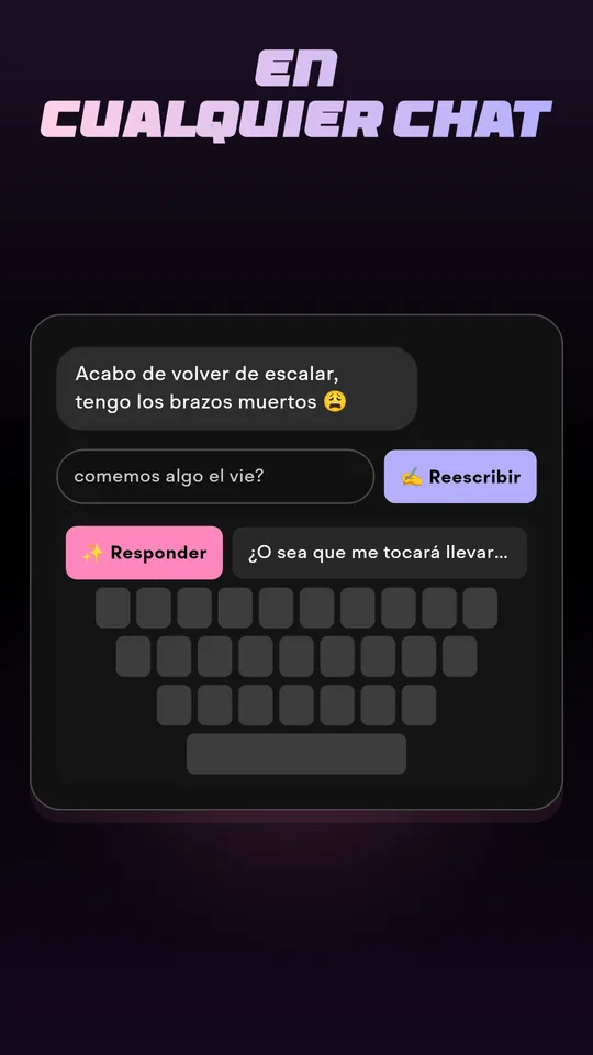 El teclado de Wingman sugiriendo una respuesta dentro de una app de mensajes