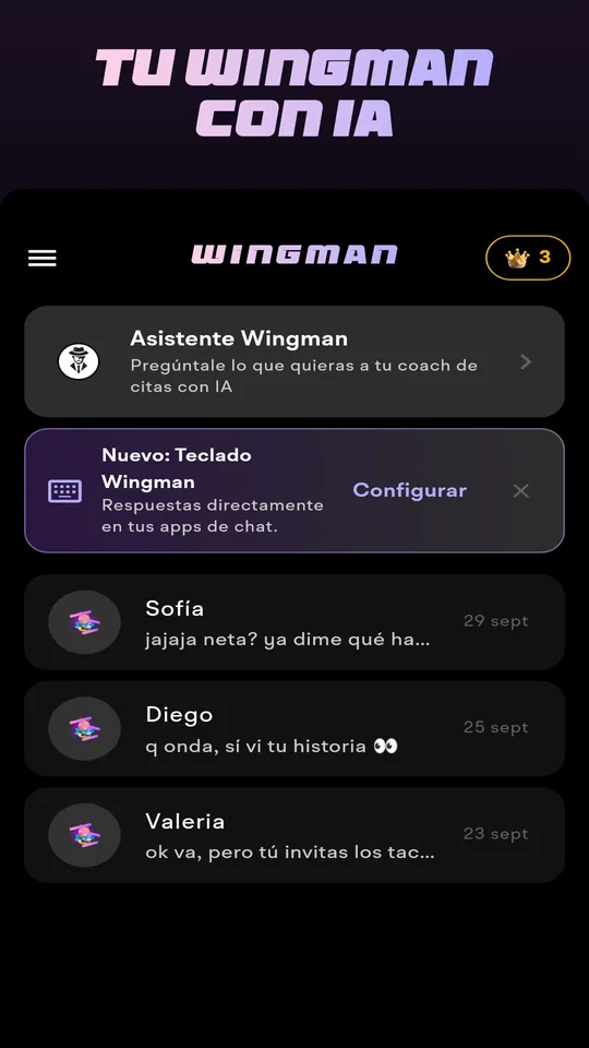 Pantalla de inicio de Wingman con chats recientes y un botón para subir una captura de pantalla