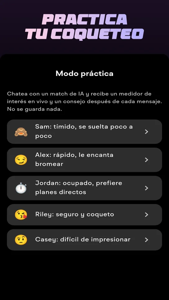 Modo práctica con matches de IA para chatear