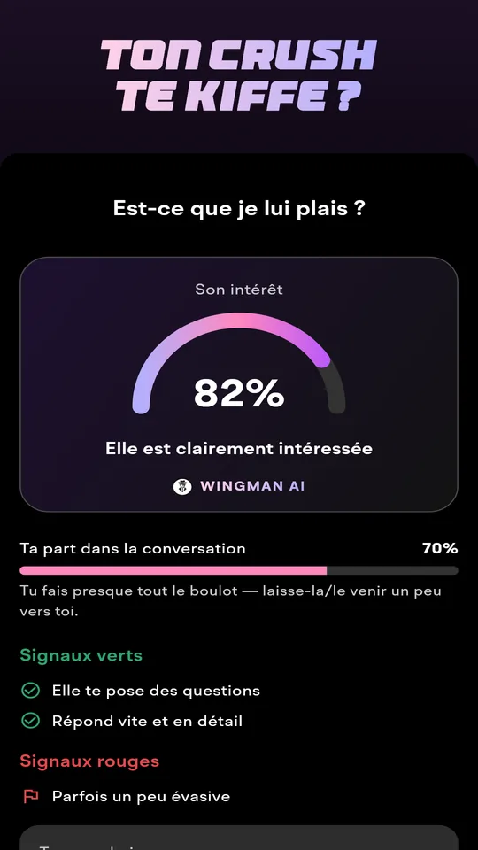 Analyse de la conversation avec un score d'intérêt, des signaux verts et rouges et la prochaine étape