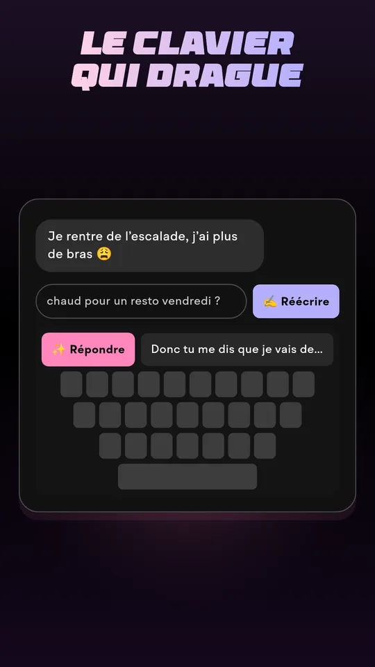 Le clavier Wingman qui suggère une réponse dans une appli de messagerie