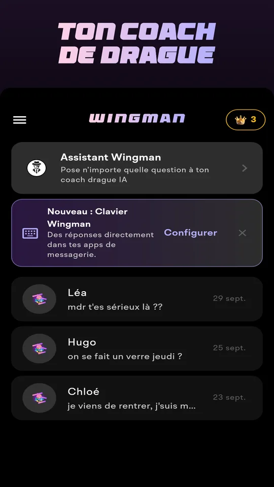 Écran d'accueil de Wingman avec les conversations récentes et un bouton pour importer une capture d'écran