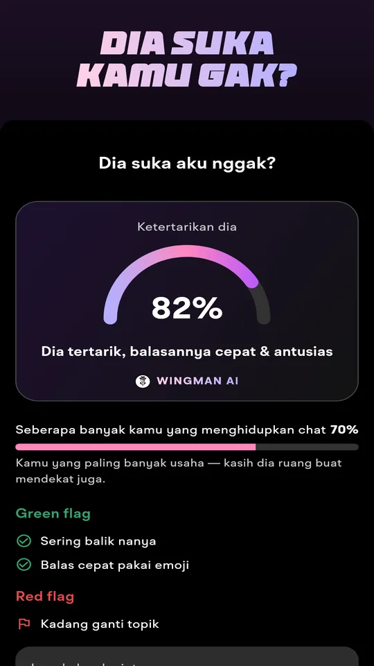 Analisis chat dengan skor ketertarikan, green flag dan red flag, serta langkah selanjutnya