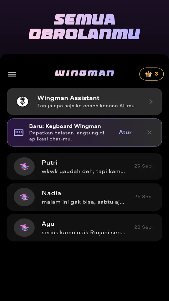 Layar utama Wingman dengan chat terbaru dan tombol Unggah screenshot