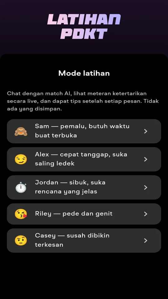 Mode latihan dengan match AI untuk diajak chat