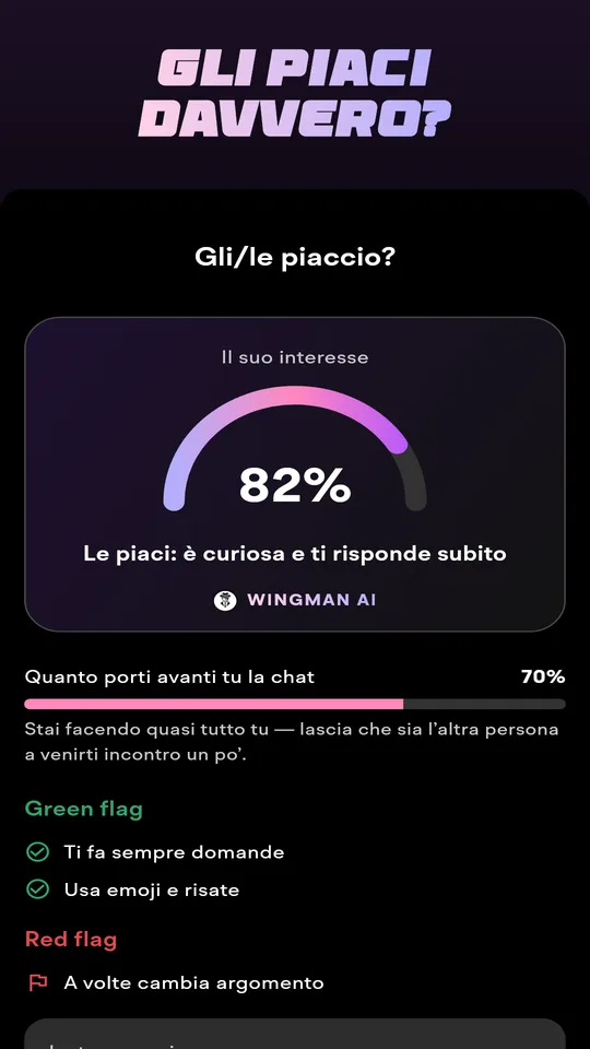 Analisi della chat con punteggio di interesse, green e red flag e la prossima mossa