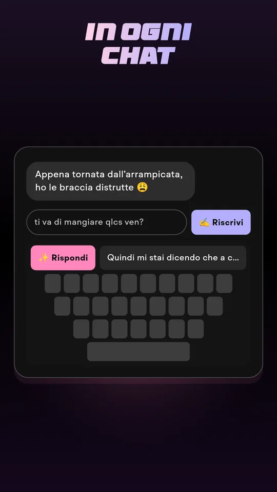 La tastiera di Wingman che suggerisce una risposta dentro un'app di chat