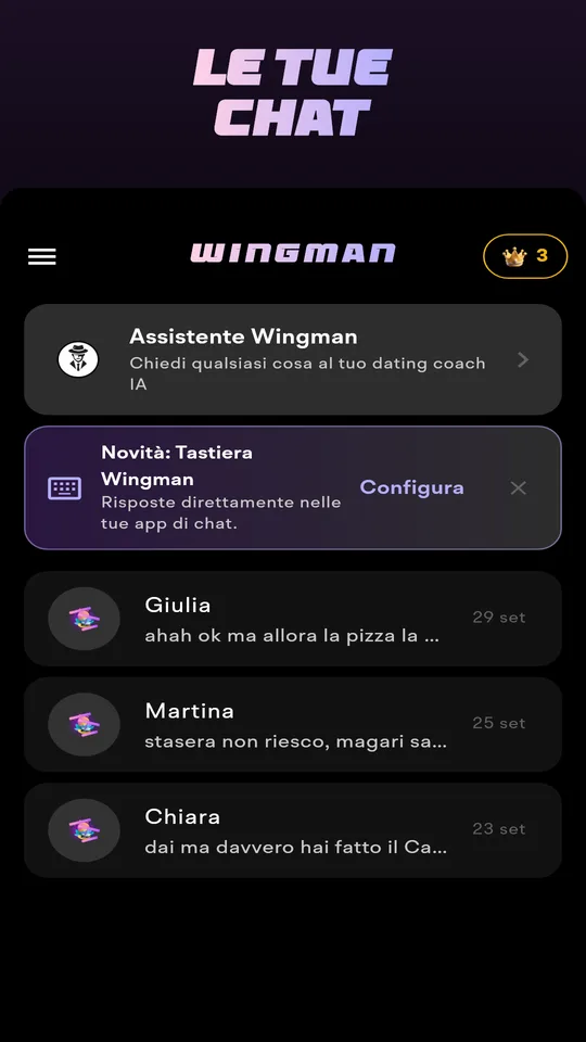 Schermata principale di Wingman con le chat recenti e un pulsante per caricare uno screenshot