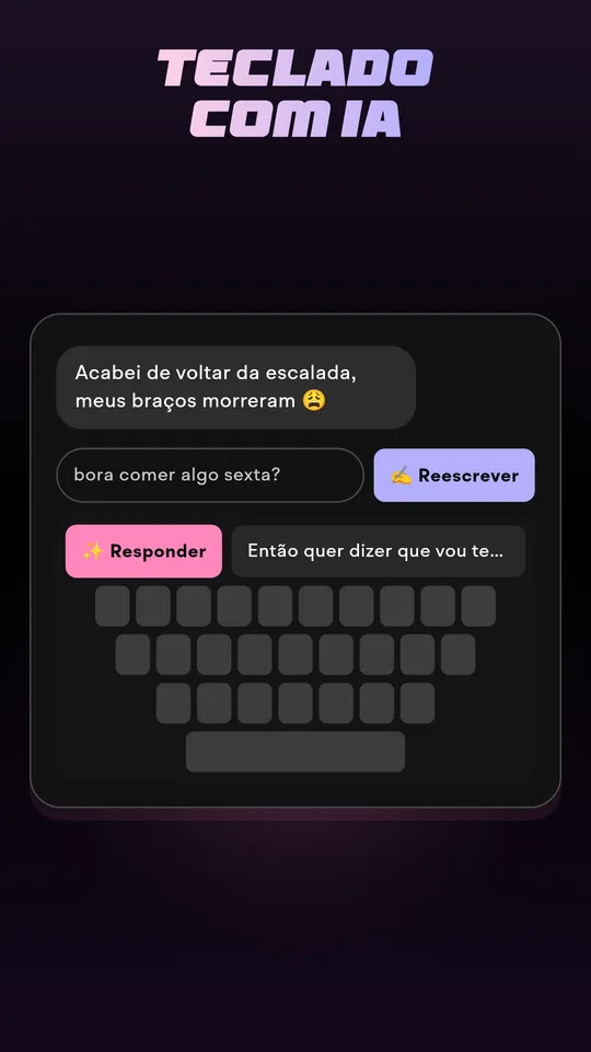 O teclado do Wingman sugerindo uma resposta dentro de um app de mensagens