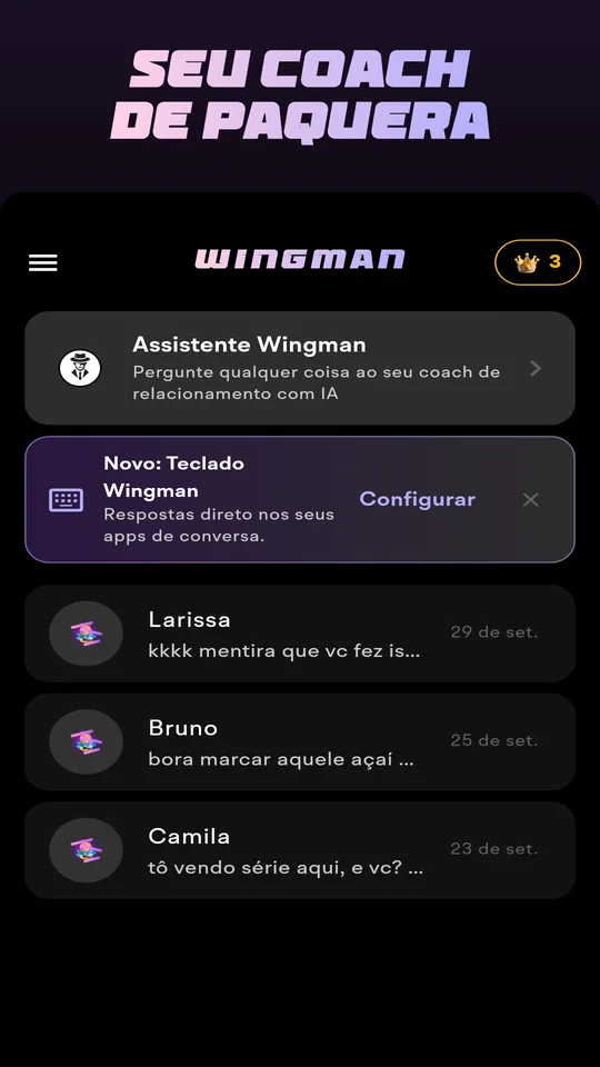 Tela inicial do Wingman com conversas recentes e um botão para enviar print