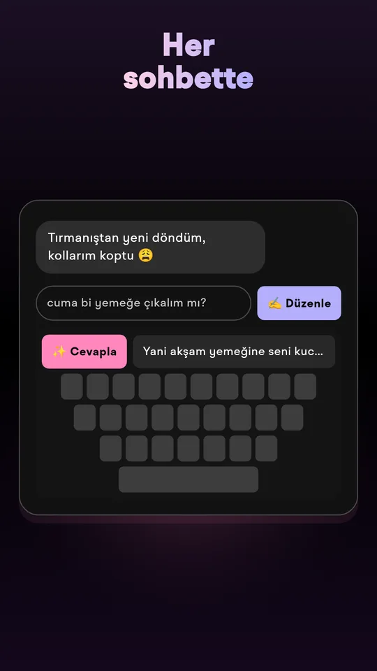 Bir mesajlaşma uygulamasında cevap öneren Wingman klavyesi