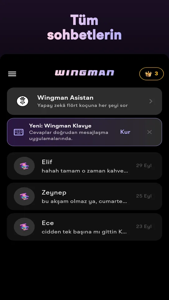 Son sohbetler ve Ekran görüntüsü yükle düğmesiyle Wingman ana ekranı
