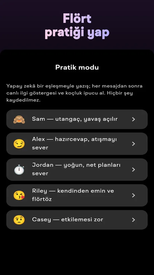 Sohbet edilecek yapay zeka eşleşmeleriyle pratik modu
