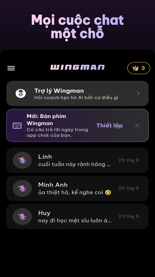 Màn hình chính của Wingman với các đoạn chat gần đây và nút tải ảnh chụp